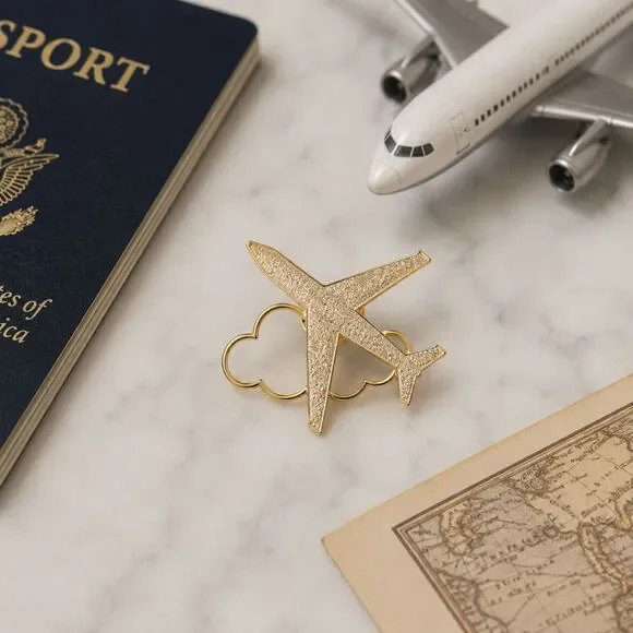 Gold Tone Airplane & Cloud Lapel Pin Brooch Travel Aviation Jewelry 1.5