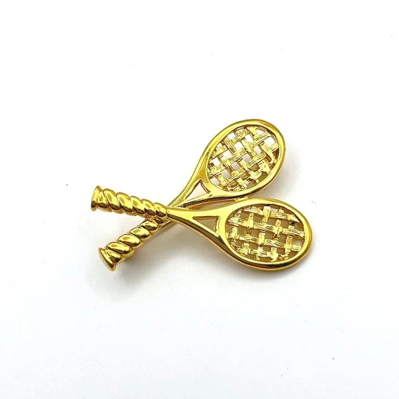 Napier Gold Tone‎ Crossed Tennis Rackets Brooch Vintage Sporty Lapel Pin