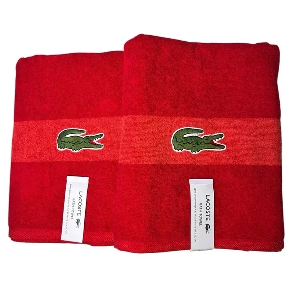 Lacoste Big Crocodile Logo Bath‎ Towels Red 100% Cotton 30