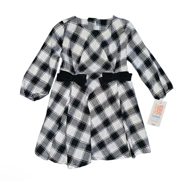 Carter’s Black and White Plaid Long Sleeve Dress with Black Diaper Cover