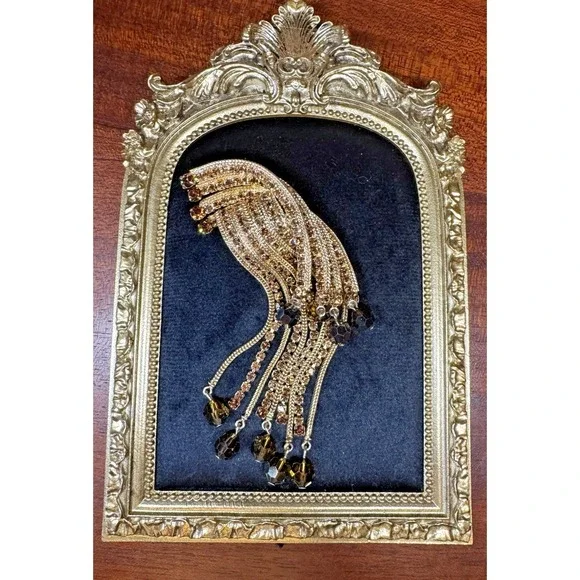 Vintage Gold Tone Waterfall Tassel Brooch Rhinestone Faceted Bead Dangle
