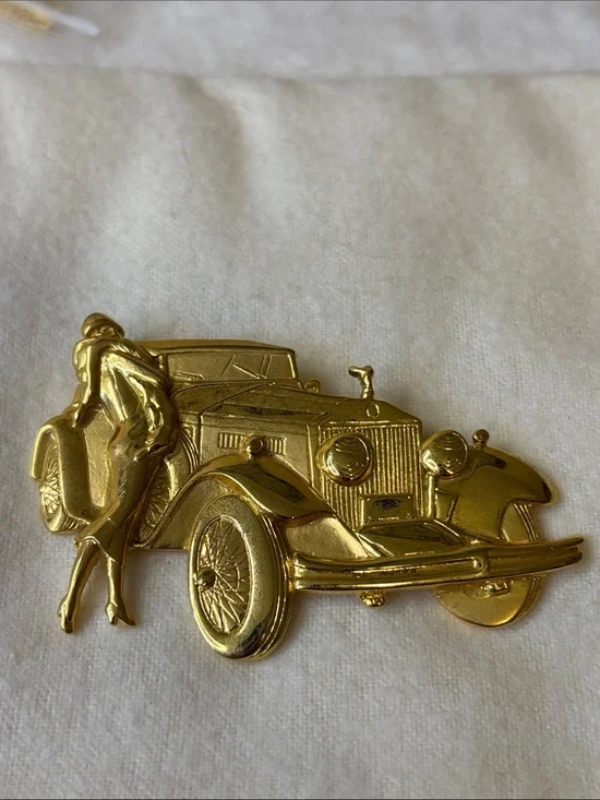 Vintage Park Lane JJ Art Deco Flapper Woman with Rolls Royce Gold Tone Brooch