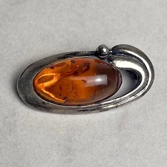 Vintage Genuine Amber Sterling Silver 925 Oval Brooch Pin Classic Estate Jewelry