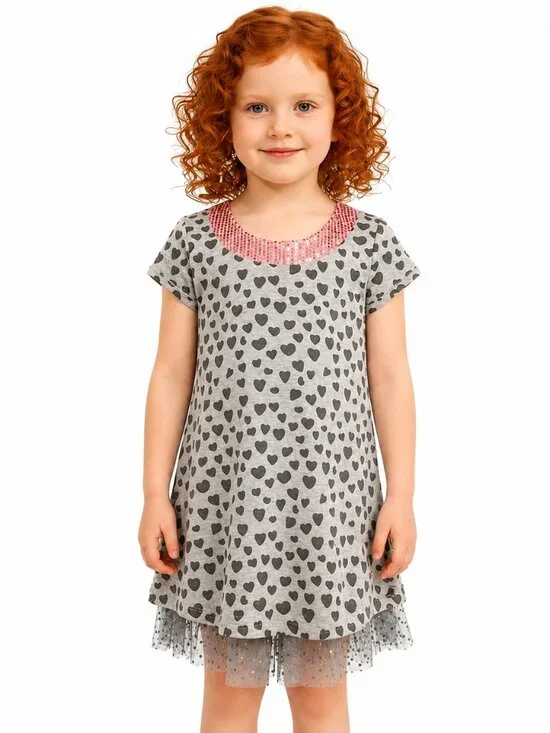 Lipstik‎ Girls Sparkly Hearts 💕 Gray and Pink Kids Dress NWT sz 5
