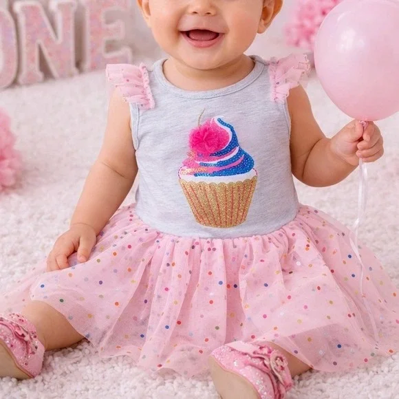 Rare Editions 12M Cupcake‎ First Birthday Dress Sequin Confetti Tulle Tutu