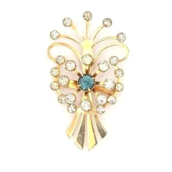 Vintage 1950s Brooch‎ Rhinestone Cluster Bouquet Style Gold Tone Blue Gem Accent