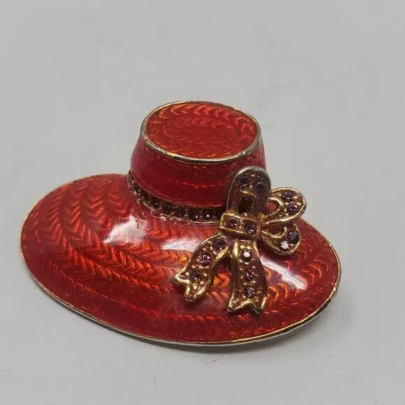 Vintage Red Enamel & Purple Rhinestone Gold-tone Hat Brooch 1990s