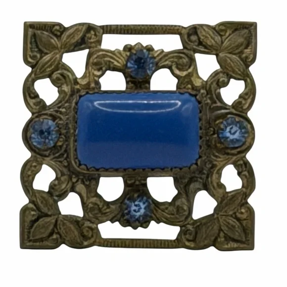 Antique Art Deco Czech Blue Rhinestone Cabochon Stone Filigree Leaf Brooch 1920s