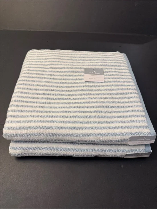 2pc TRULY LOU 100% Cotton Stripe Bath Towel Set -Soft -Absorbent - Wht/Blue