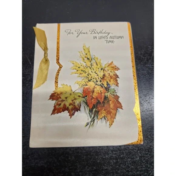 Vintage 1945 Birthday Card Autumn Leaves Gold Foil Ribbon Ephemera 1940s Berta