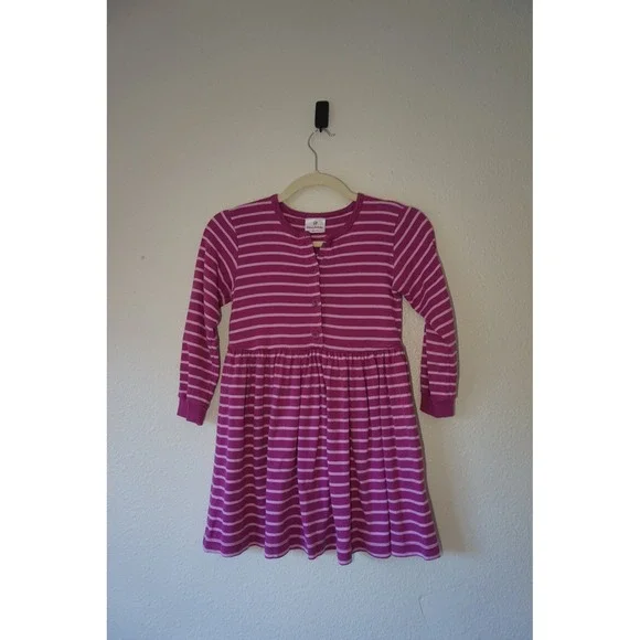 Hanna Andersson Henley Scandi Striped Long Sleeve Cotton Dress Pink 120 sz 6-7