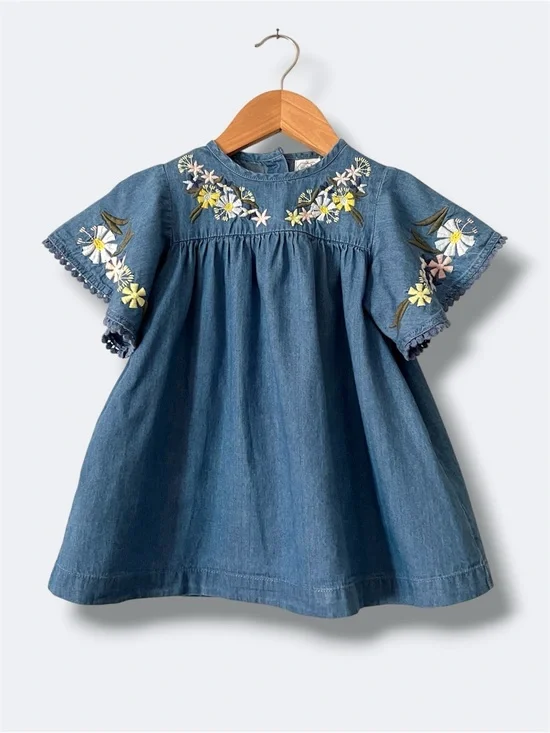 Mud Pie Le Jardin Chambray Dress Girls 2T Floral Embroidered Flutter Sleeve Boho