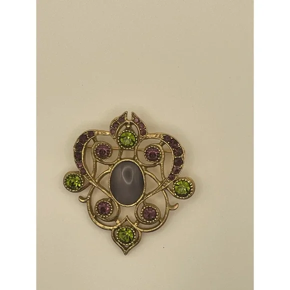 Vintage Large gold‎ tone Green purple rhinestone purple Cabochon 1928 pin brooch