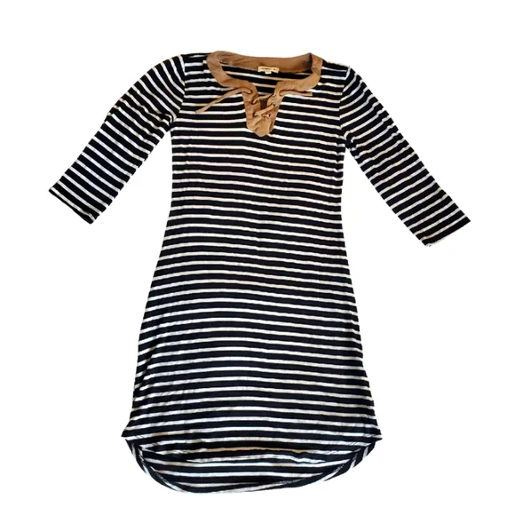 Girls Dress Monteau Long Sleeve Lace Up Suede Black & White Striped Beige Size S
