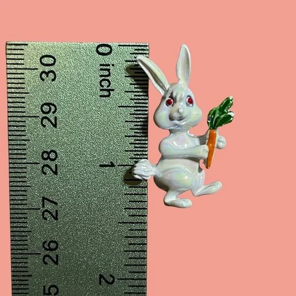 Iridescent White Enamel Bunny Red Eyes Brooch Pin with Carrot Vintage Fun