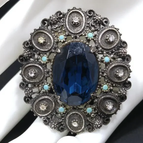 Florenza Blue Faceted Glass Brooch & Pendant, Antique Silver Tone, Gold Plated