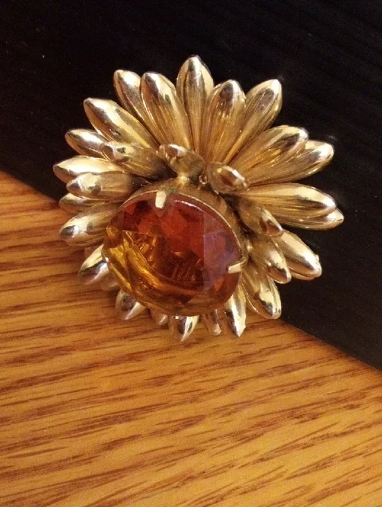 Gold-Tone Floral Brooch with Amber Center
