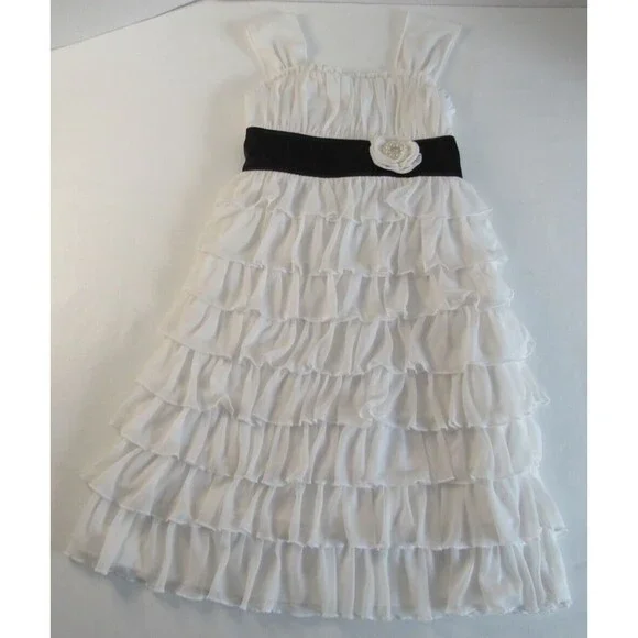 Girl's My Michelle White Tiered Ruffled Lined Dress with Black Bow Size 10