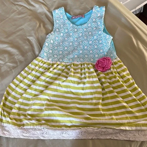Jelly the Pug teal and Green Striped Kids Dress