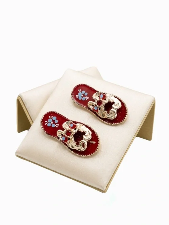 Vintage Red Flip Flops Gold Tone Rhinestone Italian Hand Painted Brooch