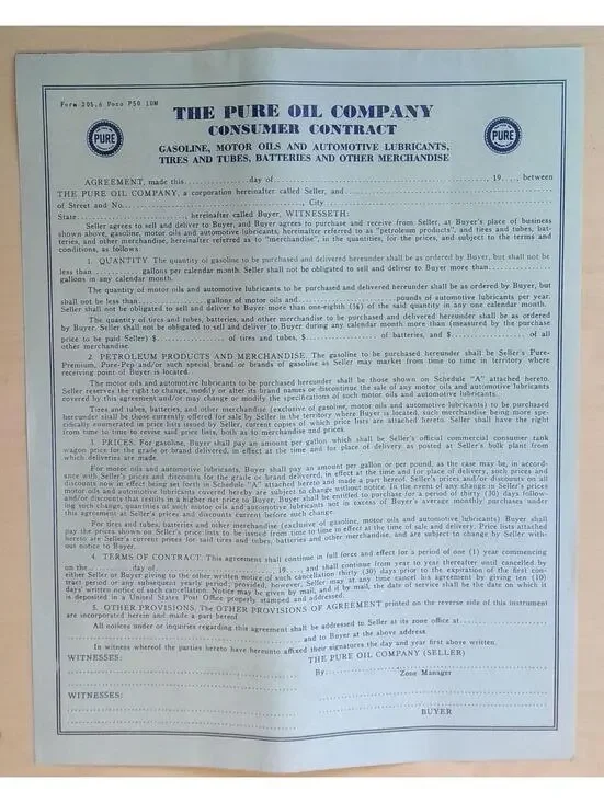 Vintage 1940s-50s Pure Oil Company Consumer Contract Gas Oil Ephemera Paper