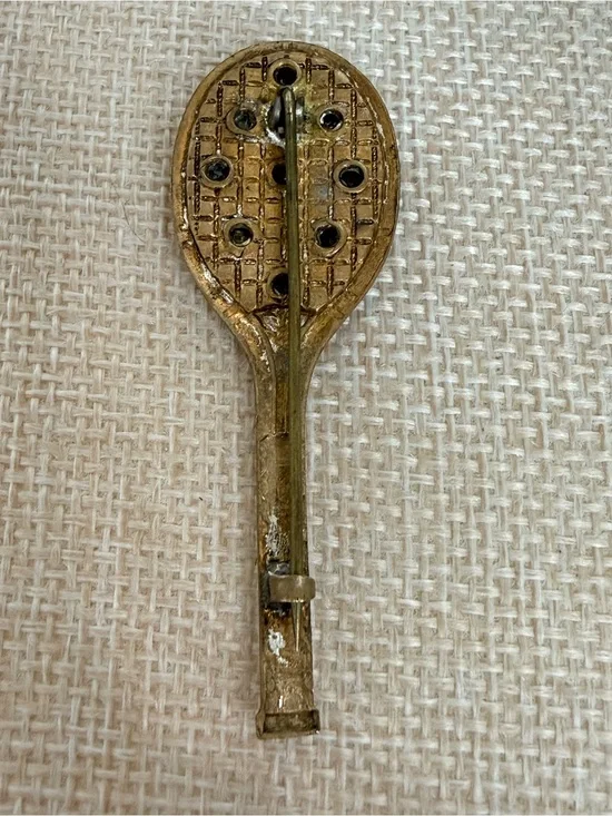 Vintage Tennis Racket Rhinestone Brooch Pin Gold Tone Retro Sports Jewelry