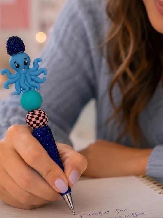 🐙 Handmade Blue Octopus Beaded Pen | Sparkly
