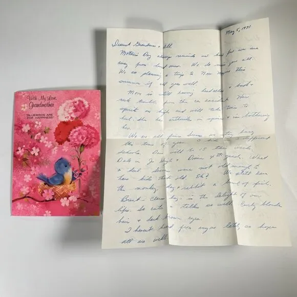 Vintage Norcross Mother’s Day Card Grandmother Bird Floral Handwritten Letter