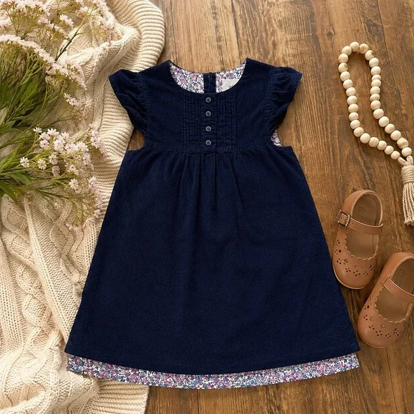 JoJo Maman Bebe Girls 3-4 Navy Corduroy Floral Trim Pinafore Dress