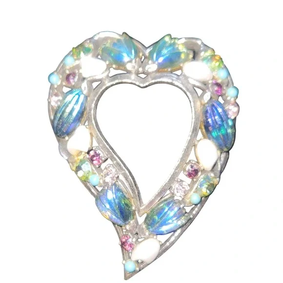 Vintage Florenza Heart Brooch Silver Tone Blue AB Rhinestone and stone Pin