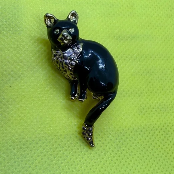 Vintage Black Cat Brooch with Gold and pink Accents
