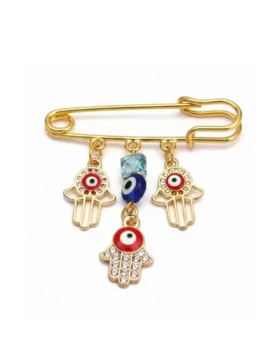 Gold-Tone Evil Eye Hamsa Charm Safety Pin Brooch