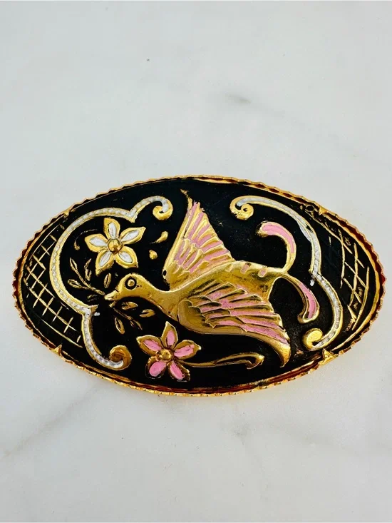 Vintage Damascene Oval Brooch Toledo Spain Bird Floral Gold Inlay Black, Pink