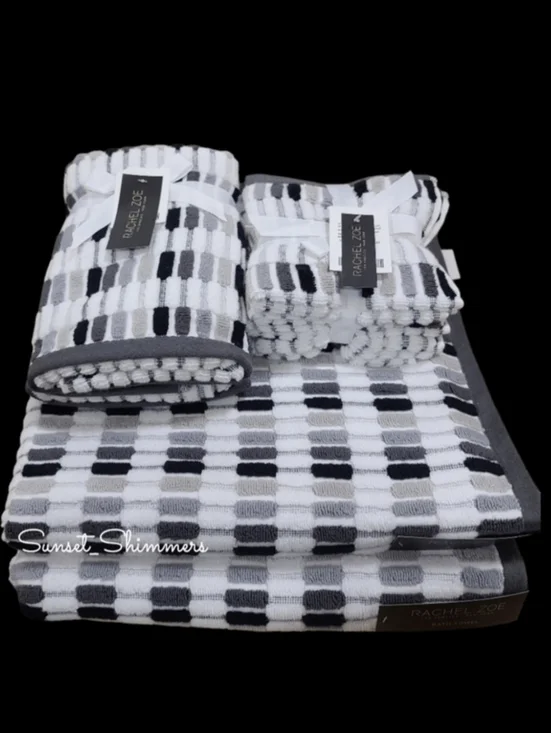 8pc Rachel Zoe Mosaic 100% Cotton Bath Hand Washcloth Towel Set Black White Gray