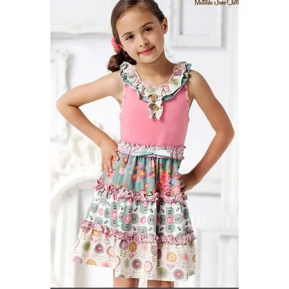 Matilda Jane Fun On The Cape Pink Floral Tiered Ruffle Dress Size 6
