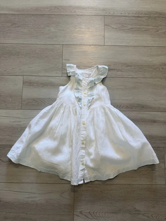 Janie And Jack Pickstitched Linen Dress Sz 2 2T White Ruffle Photo Shoot Classic