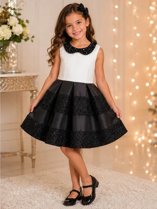 Girls' Black & White Beaded Collar Party Dress