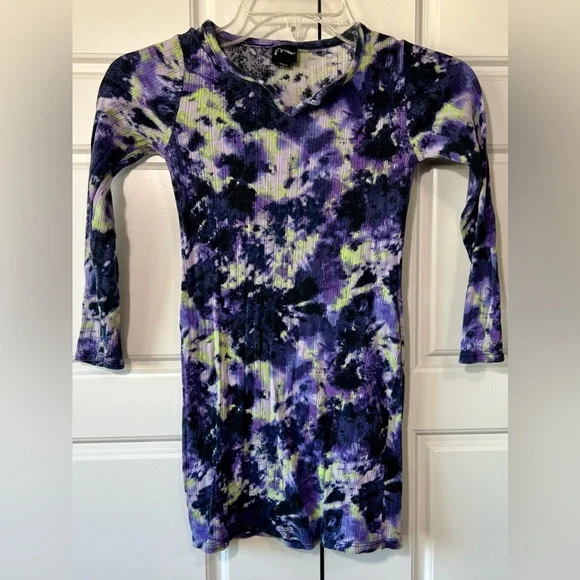 Art Class Bodycon Dress Ribbed Purple Tie Dye‎ Long Sleeve Mini Size S 6/6X