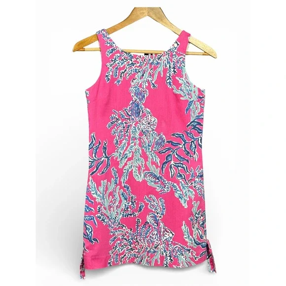 Lilly Pulitzer Girls Pink Coral Reef Print Shift Dress Starfish Zipper Size 14‎