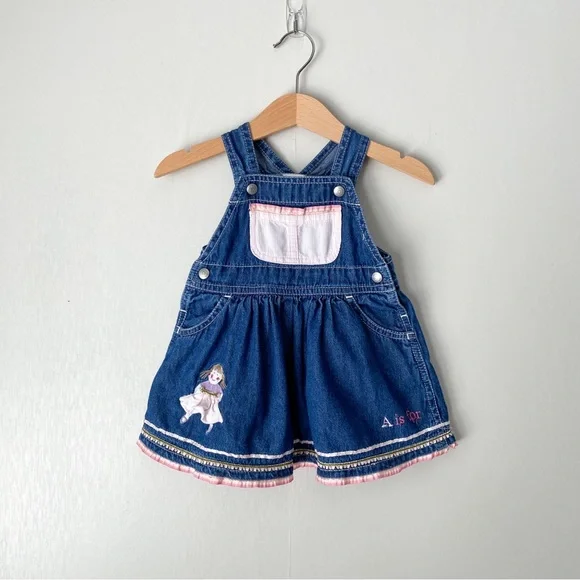 Vintage Y2K GAP Embroidered Tea Party Cotton Denim Overall Dress 0-3M