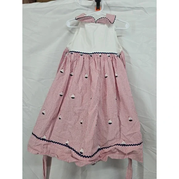 Glorimont Girls Red White Seersucker Sailboat Dress Navy Ric Rac Size 4 USA Made