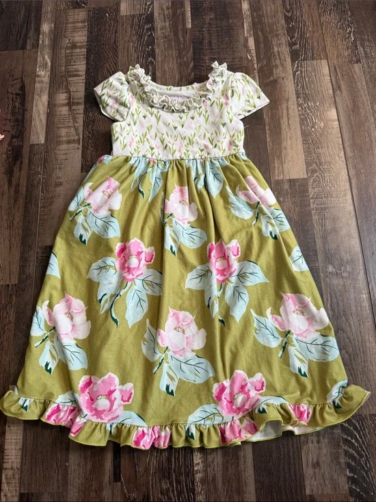 SweetHoney Pink & Olive Green Floral Ruffle Dress