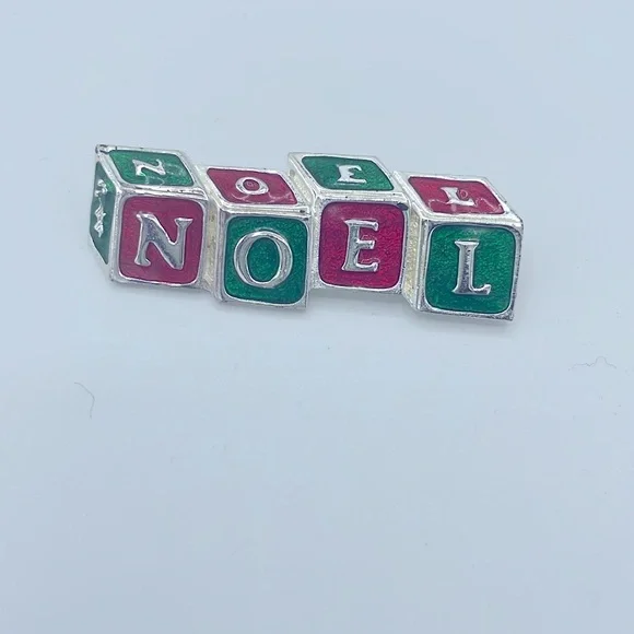 Christmas Noel Silver Colored Enameled Pin Block Letters