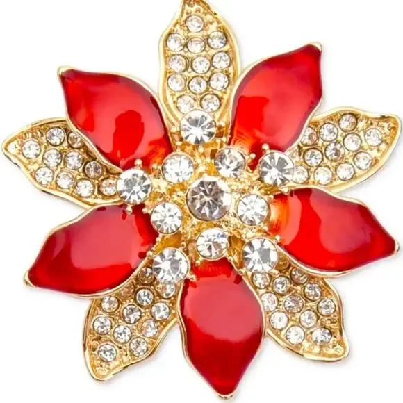 NEW Charter Club POINSETTIA FLOWER BROOCH Red Gold Tone Crystal Rhinestone Box