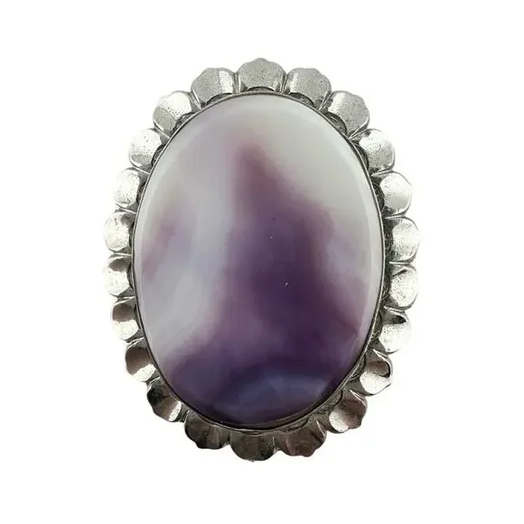 Vintage Wampum Shell Oval Scalloped Bezel Silver Tone Converter Brooch