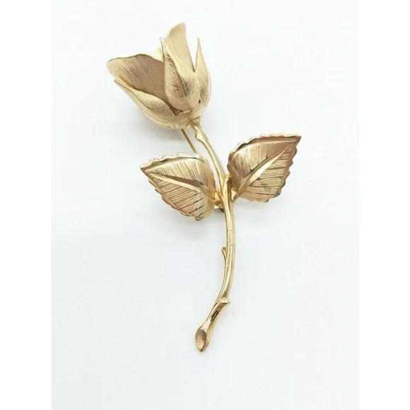 Giovanni Rose Bud Brooch Pin Signed Long Stem Gold Tone Vintage 3