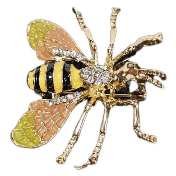Gold Tone Bee Brooch Pin with Rhinestones & Enamel Wings Insect VTG