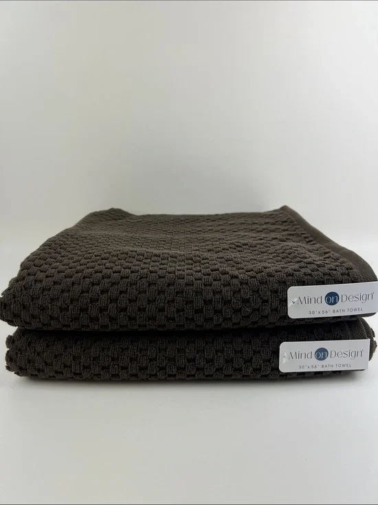 Mind On Design Bath Towels Dark Brown Waffle Design Soft Cotton 2 Pc NEW