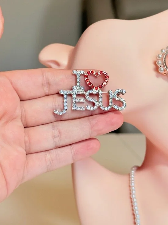 I Love Jesus Red Heart Crystal Brooch Pin