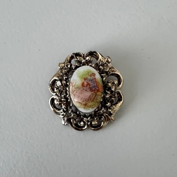 Vintage Silver Brooch with Painted Scene